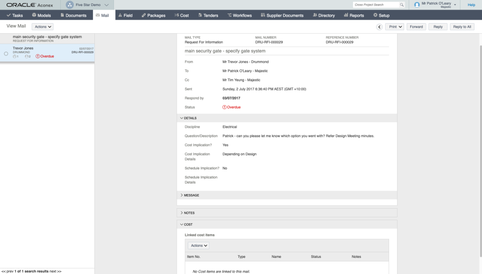 screenshot of Oracle Aconex